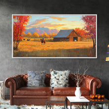 Carregar imagem no visualizador da galeria, Autumn Cowboy Farm Framed Canvas Print, Cozy Fall Farmhouse Wall Art, Country Western Landscape Decor, Best Gift Seasonal Wall Art
