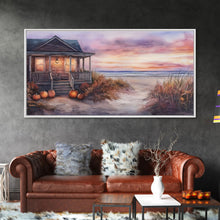 Cargar imagen en el visor de la galería, Rustic Beach Cottage Fall Scene Framed Canvas Print, Coastal Autumn Sunset Wall Art Ideal Autumn Gift, Seasonal Beach Decor
