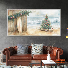 Load image into Gallery viewer, Christmas Tree On Sandy Beach With Surfboard Coastal Decor Framed Canvas Print, Beach Christmas Decor Wall Art
