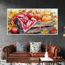 Carregar imagem no visualizador da galeria, Basket With Pumpkins And Apples Framed Canvas Print Tall Art Rustic Fall Decor Thanksgiving Autumn Harvest Home Wall Art Farmhouse Gift Idea
