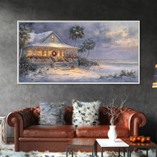 Cargar imagen en el visor de la galería, Christmas beach decor scene in tropical house with wreath and lights, Framed Canvas Print palm trees snow, winter art and holiday home decor
