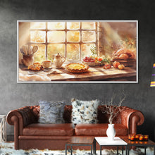 Load image into Gallery viewer, Thanksgiving table scene with food, pies and fall decor, Framed Canvas Print with pumpkins sunlight, autumn harvest home wall art and decor
