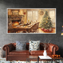 Load image into Gallery viewer, Rustic Christmas dining room scene with a Christmas tree, Framed Canvas Print with a festive table warm fireplace, farmhouse holiday decor
