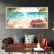 Load image into Gallery viewer, Beach Christmas decor picnic setup with palm trees and lights, framed canvas print showcasing tropical coastal holiday art decor
