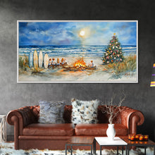 Cargar imagen en el visor de la galería, Christmas bonfire on the beach with surfboards and decorated tree, framed canvas print ideal tropical holiday wall art decor
