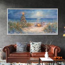 Carregar imagem no visualizador da galeria, Beach Christmas family gathering by the ocean and bonfire, framed canvas print featuring tropical holiday decor wall art
