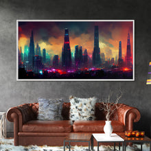 Load image into Gallery viewer, Dystopian Cyberpunk City, ready to hang canvas print wall art, framed canvas wall art, mancave wall art, Cyberpunk Art
