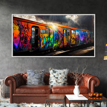 Load image into Gallery viewer, Box car graffiti art, wall decor, train box car, ready to hang canvas print wall art, rainbow train wall art
