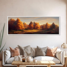 Carregar imagem no visualizador da galeria, A Forest In Autumn, Fall Decor, Extra Large Wall Art, Framed Panoramic Canvas Print, Framed Wall Decor
