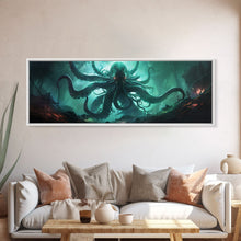 Load image into Gallery viewer, Rise Of Cthulhu Framed Canvas Print, Panoramic Call of Cthulhu H.P. Lovecraft Cosmic Horror Steampunk Gothic Darrk Art Wall Decor
