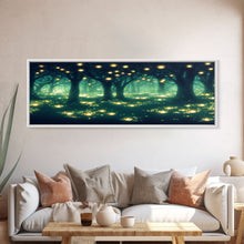 Carregar imagem no visualizador da galeria, Fantasy Forest At Night With Fireflies, Extra Large Wall Art, Framed Panoramic Canvas Print, Framed Wall Art
