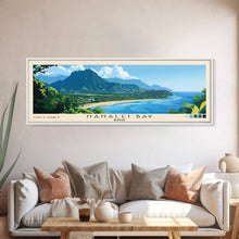 Cargar imagen en el visor de la galería, Hanalei Bay, Hawaii Panoramic Beach Print, Vacation Gift, Hawaii Wall Art, Framed Canvas Print, Framed Beach Painting
