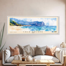 Carregar imagem no visualizador da galeria, Cala Salada, Spain Watercolor Beach Print, Vacation Gift, Spain Wall Art, Framed Canvas Print, Framed Beach Painting
