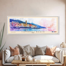 Carregar imagem no visualizador da galeria, Camogli Beach, Italy Watercolor Beach Print, Vacation Gift, Italy Wall Art, Framed Canvas Print, Framed Beach Painting
