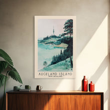 Load image into Gallery viewer, Auckland Island, New Zealand Watercolor Print, Vacation Gift, New Zealand Wall Art, Beach Painting, Beach Decor, Large Wall Art, Wood Frame Art
