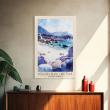 Load image into Gallery viewer, Boulders Beach, Cape Town, South Africa Watercolor Print, Vacation Gift, South Africa Wall Art, Beach Painting, Beach Decor, Large Wall Art, Wood Frame Art
