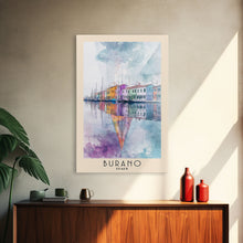 Load image into Gallery viewer, Burano, Italy Watercolor Print, Vacation Gift, Italy Wall Art, Beach Painting, Beach Decor, Large Wall Art, Wood Frame Art
