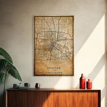 Load image into Gallery viewer, Distressed Houston map print poster canvas print, framed road map art, Texas map print poster canvas, Houston city map print poster canvas
