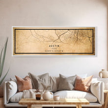 Load image into Gallery viewer, Panoramic Austin Map Print Canvas or Poster, Texas Map Art, Texas Map Print, Vintage Texas Map Framed Art, Retro / Distressed Office Art

