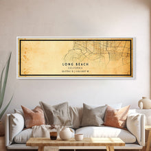 Load image into Gallery viewer, Panoramic Long Beach map print poster or framed canvas | California map print poster canvas | city map print poster canvas, distressed map
