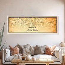 Load image into Gallery viewer, Panoramic Raleigh North Carolina map print poster or framed canvas, Raleigh map print poster canvas, city map Canvas print, Travel Art
