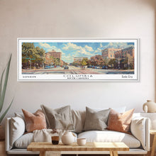 Cargar imagen en el visor de la galería, Columbia South Carolina Panoramic Watercolor Painting Framed Canvas Print, Travel Poster Art, Urban Cityscape, Living Room Decor, Wall Hanging, Office Art, Southern Charm Gift
