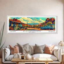 Carregar imagem no visualizador da galeria, Albuquerque New Mexico Panoramic Painting Framed Canvas Print, Mid Century Modern Art, Pop Art Style, Travel Poster, Wall Art Decor
