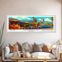 Carregar imagem no visualizador da galeria, Bakersfield California Panoramic Painting Framed Canvas Print, Mid Century Modern Art, Pop Art Style, Travel Poster, Living Room Decor
