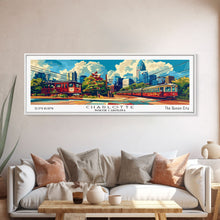 Cargar imagen en el visor de la galería, Charlotte North Carolina Panoramic Painting Framed Canvas Print, Mid Century Modern Art, Pop Art Style, Travel Poster, Wall Art Decor
