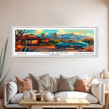 Cargar imagen en el visor de la galería, Chula Vista California Panoramic Wall Art Framed Canvas Print, Mid Century Modern Art, Pop Art Style, Travel Poster, Home Decor, Retro Style
