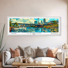 Cargar imagen en el visor de la galería, Cleveland Ohio Panoramic Wall Art Framed Canvas Print, Mid Century Modern Art, Pop Art Style, Travel Poster, Home Decor, Retro Style
