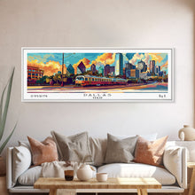 Load image into Gallery viewer, Dallas Texas Panoramic Wall Art Framed Canvas Print, Mid Century Modern Art, Pop Art Style, Travel Poster, Home Decor, Wall Hanging
