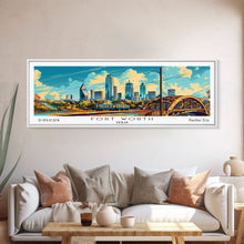 Load image into Gallery viewer, Forth Worth Texas Panoramic Painting Framed Canvas Print, Mid Century Modern Art, Pop Art Style, Travel Poster, Living Room Decor
