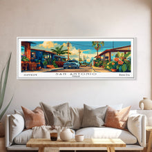 Load image into Gallery viewer, San Antonio Texas Panoramic Wall Art, Mid Century Modern Framed Canvas Print, Retro Pop Art Travel Poster, Home Decor
