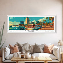 Load image into Gallery viewer, San Diego California Panoramic Painting, Retro Style Framed Canvas Print, Mid Century Modern Wall Art, Pop Art Travel Poster
