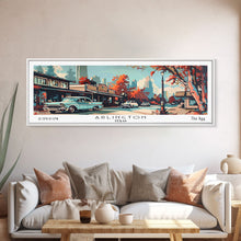 Carregar imagem no visualizador da galeria, Arlington Texas Panoramic Wall Art, Mid Century Modern Framed Canvas Print, Retro Pop Art Travel Poster, Office Wall Art, Living Room Decor
