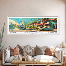 Load image into Gallery viewer, Baton Rouge Louisiana Panoramic Wall Art, Retro Pop Art Framed Canvas Print, Mid Century Modern Travel Poster, Living Room Decor, Office Art
