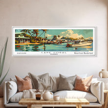 Carregar imagem no visualizador da galeria, Cape Coral Florida Panoramic Wall Art, Retro Pop Art Framed Canvas Print, Mid Century Modern Travel Poster, Living Room Decor, Office Wall Art
