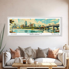 Cargar imagen en el visor de la galería, Charlotte North Carolina Panoramic Painting, Mid Century Modern Framed Canvas Print, Retro Pop Art Travel Poster, Wall Art, Home Decor, Office Art
