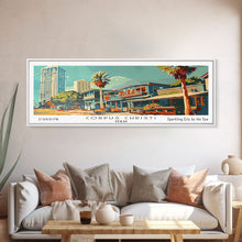 Cargar imagen en el visor de la galería, Corpus Christi Texas Panoramic Painting, Mid Century Modern Framed Canvas Print, Retro Pop Art Travel Poster, Wall Decor, Home Decor, Wall Hanging
