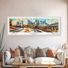 Load image into Gallery viewer, Dallas Texas Panoramic Wall Art, Retro Pop Art Framed Canvas Print, Mid Century Modern Travel Poster, Living Room Decor, Office Art
