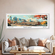 Load image into Gallery viewer, Durham North Carolina Panoramic Painting, Mid Century Modern Framed Canvas Print, Retro Pop Art Travel Poster, Wall Decor, Home Decor, Wall Hanging
