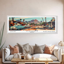 Carregar imagem no visualizador da galeria, Glendale Arizona Panoramic Wall Art, Mid Century Modern Framed Canvas Print, Retro Pop Art Travel Poster, Home Decor, Office Wall Art, Gift Idea
