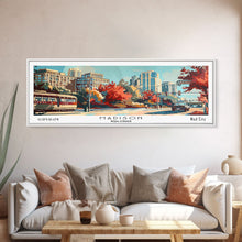 Load image into Gallery viewer, Madison Wisconsin Panoramic Painting, Mid Century Modern Framed Canvas Print, Retro Pop Art Travel Poster, Wall Art, Home Decor, Office Wall Art, Living Room Decor

