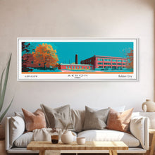Carregar imagem no visualizador da galeria, Akron Ohio Panoramic Painting, Mid Century Modern Framed Canvas Print, Retro Pop Art Travel Poster, Living Room Wall Art Decor, City Art
