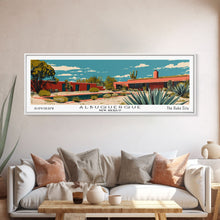 Carregar imagem no visualizador da galeria, Albuquerque New Mexico Panoramic Painting, Mid Century Modern Framed Canvas Print, Retro Pop Art Travel Poster, Home Decor, City Print

