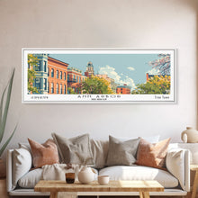 Carregar imagem no visualizador da galeria, Ann Arbor Michigan Panoramic Painting, Mid Century Modern Framed Canvas Print, Retro Pop Art Travel Poster, Living Room Wall Art Decor, City Print
