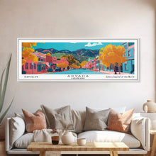 Carregar imagem no visualizador da galeria, Arvada Colorado Panoramic Painting, Mid Century Modern Framed Canvas Print, Retro Pop Art Travel Poster, Living Room Wall Art, City Print
