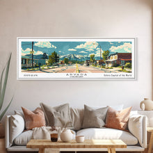 Carregar imagem no visualizador da galeria, Arvada Colorado Panoramic Painting, Mid Century Modern Framed Canvas Print, Retro Pop Art Travel Poster, Living Room Wall Art, City Print
