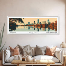 Carregar imagem no visualizador da galeria, Austin Texas Panoramic Painting, Mid Century Modern Framed Canvas Print, Retro Pop Art Travel Poster, Home Decor, City Art
